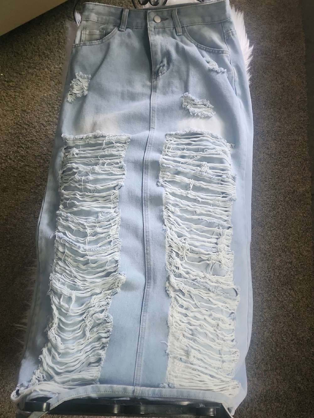 Light Blue Distressed High-Waist Denim Skirt